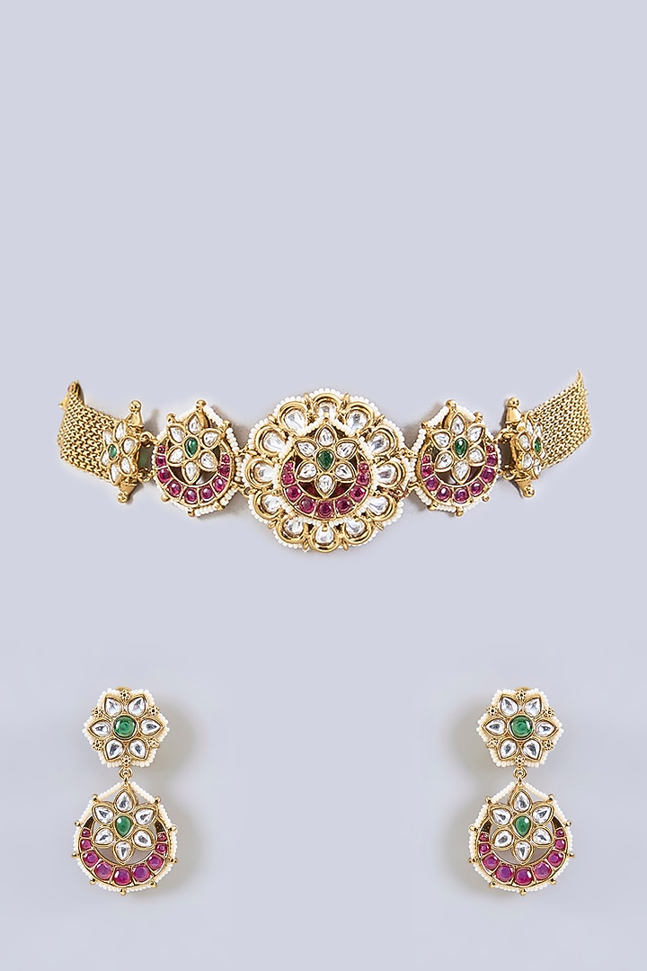 Gold Finish Kundan Polki & Pink Stone Choker Necklace Set by Zevar by Geeta at Pernia's Pop Up Shop