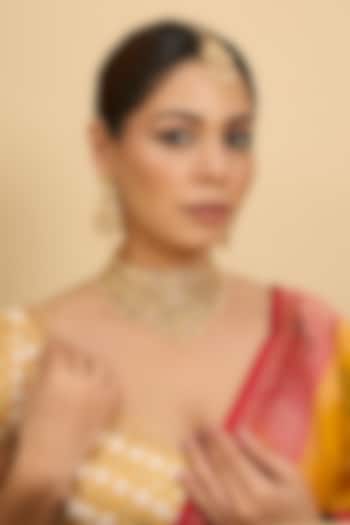 Gold Finish Kundan Polki & Pearl Necklace Set by Zevar by Geeta at Pernia's Pop Up Shop