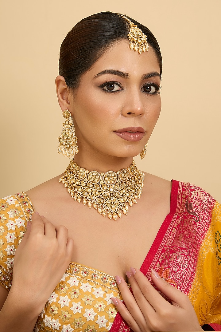Gold Finish Kundan Polki & Pearl Necklace Set by Zevar by Geeta at Pernia's Pop Up Shop