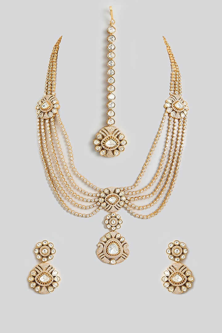 Gold Finish Moissanite Stone Necklace Set by Zevar By Geeta at Pernia's Pop Up Shop