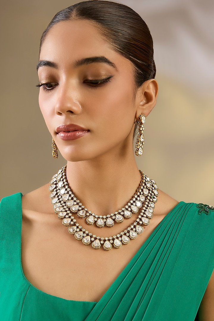 Two Tone Finish White Kundan Polki Layered Necklace Set by Zevar By Geeta at Pernia's Pop Up Shop