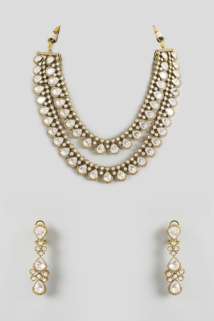 Two Tone Finish White Kundan Polki Layered Necklace Set by Zevar By Geeta at Pernia's Pop Up Shop