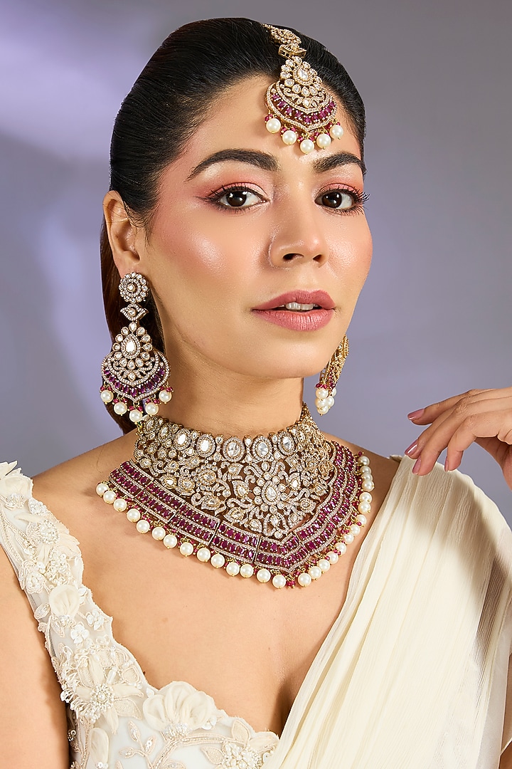 Two-Tone Kundan Polki & Red Stone Layered Necklace Set by Zevar By Geeta at Pernia's Pop Up Shop