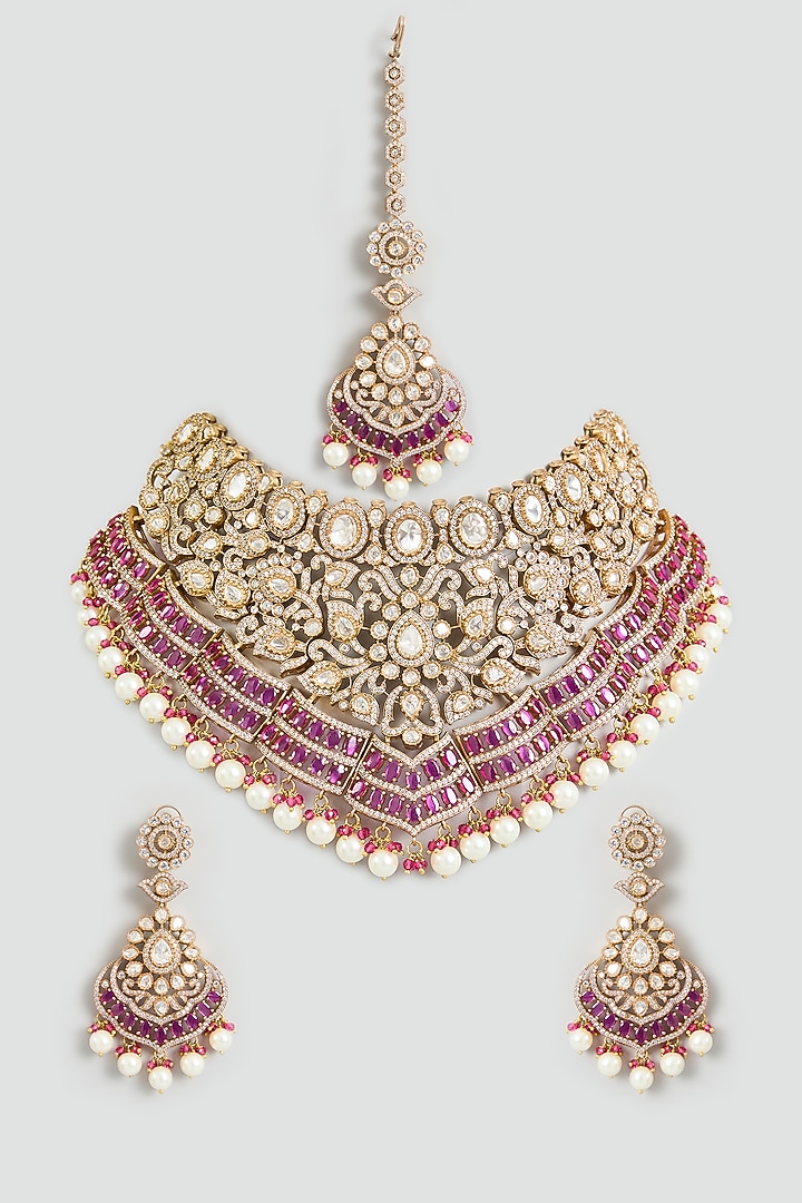 Two-Tone Kundan Polki & Red Stone Layered Necklace Set by Zevar By Geeta at Pernia's Pop Up Shop