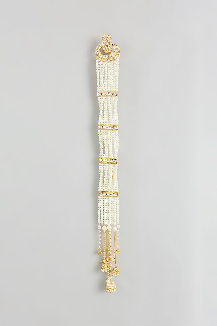 Gold Finish Kundan Polki & Pearl Hair Braid Accessory by Zevar By Geeta at Pernia's Pop Up Shop
