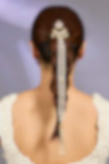 Gold Finish Kundan Polki & Pearl Hair Braid Accessory by Zevar By Geeta at Pernia's Pop Up Shop