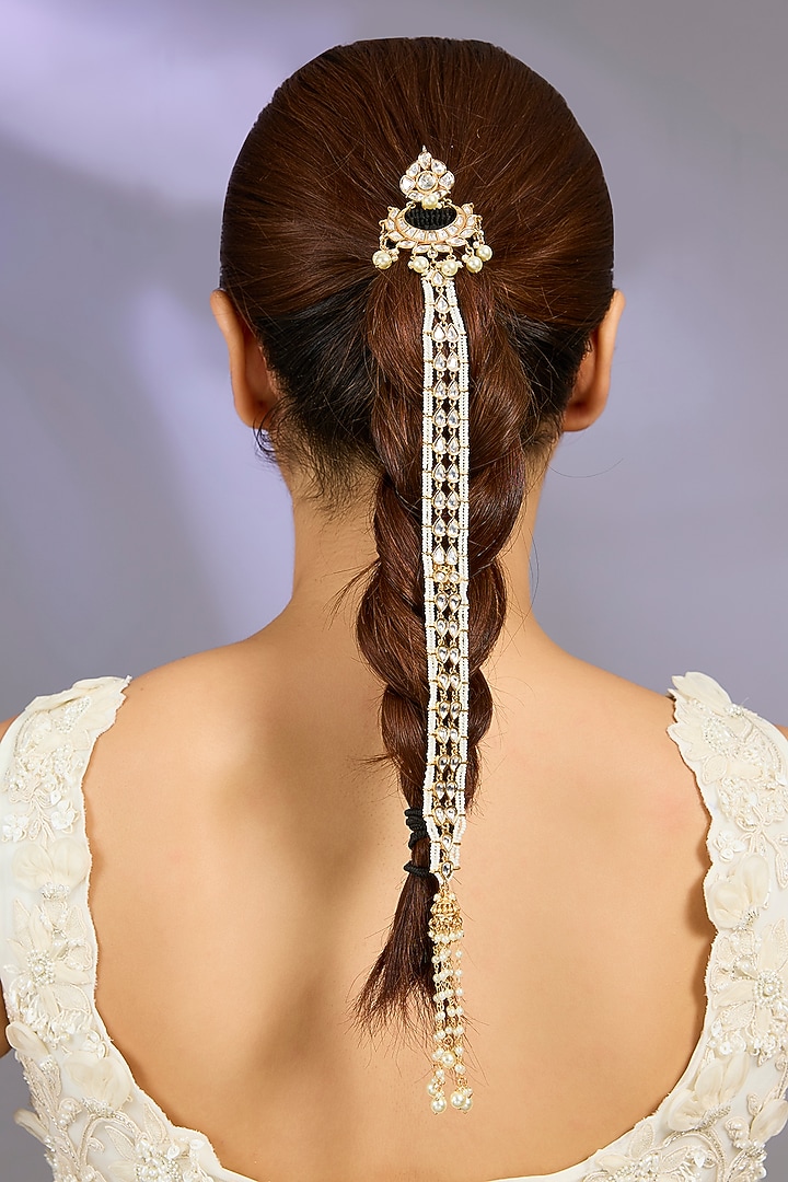 Gold Finish Kundan Polki & Pearl Hair Braid Accessory by Zevar By Geeta at Pernia's Pop Up Shop