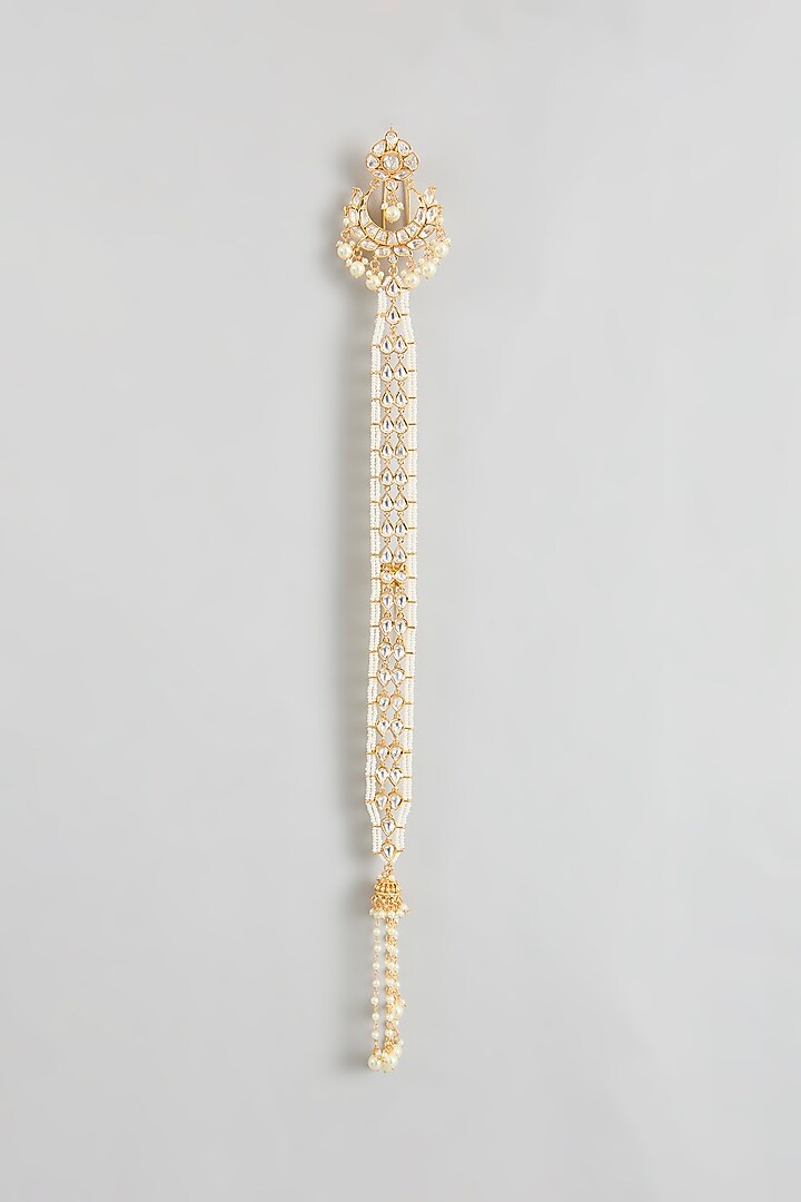 Gold Finish Kundan Polki & Pearl Hair Braid Accessory by Zevar By Geeta at Pernia's Pop Up Shop