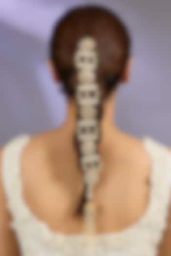 Gold Finish Kundan Polki & Pearl Hair Braid Accessory by Zevar By Geeta at Pernia's Pop Up Shop