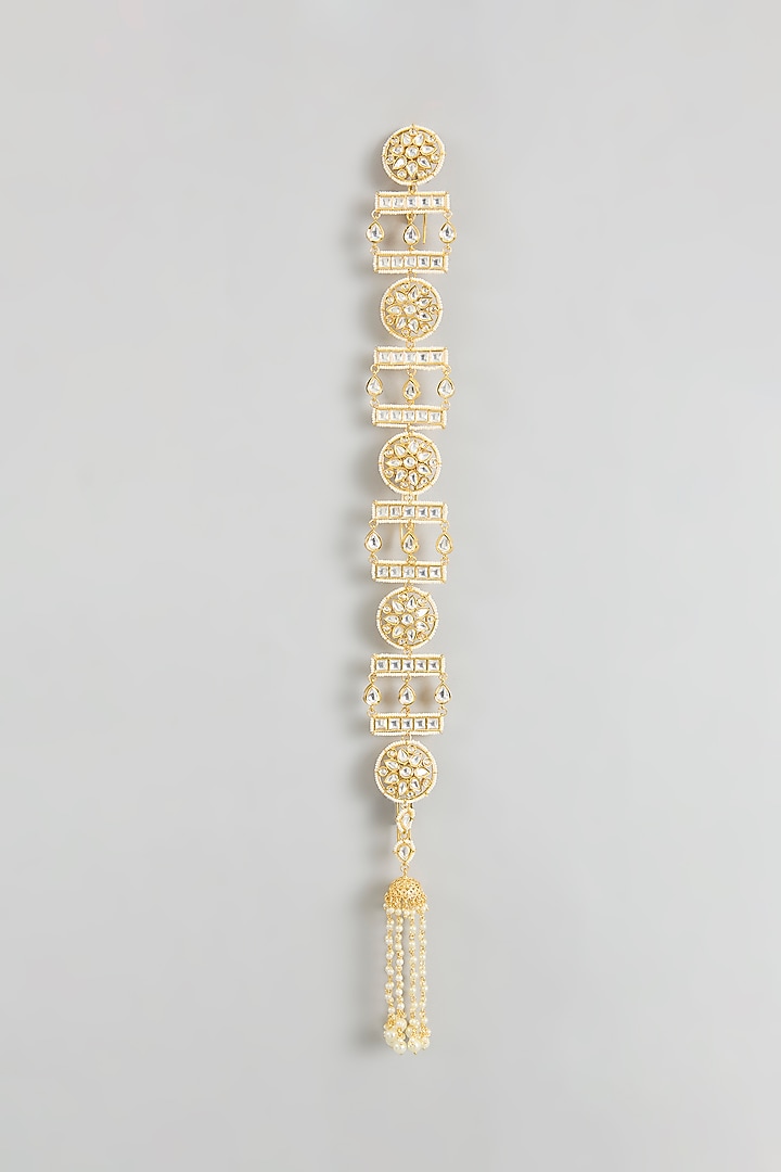 Gold Finish Kundan Polki & Pearl Hair Braid Accessory by Zevar By Geeta at Pernia's Pop Up Shop