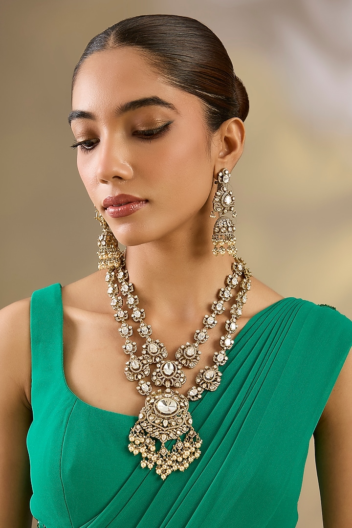 Two Tone Finish Kundan Polki Long Layered Necklace Set by Zevar By Geeta at Pernia's Pop Up Shop