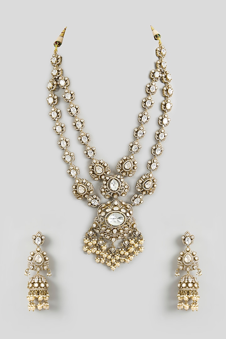 Two Tone Finish Kundan Polki Long Layered Necklace Set by Zevar By Geeta at Pernia's Pop Up Shop