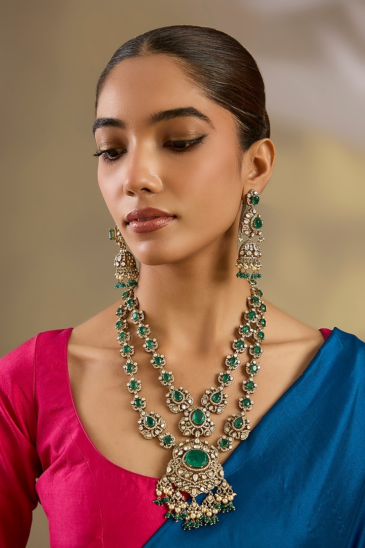 Two Tone Finish Green Stone & Pearl Long Layered Necklace Set by Zevar By Geeta at Pernia's Pop Up Shop