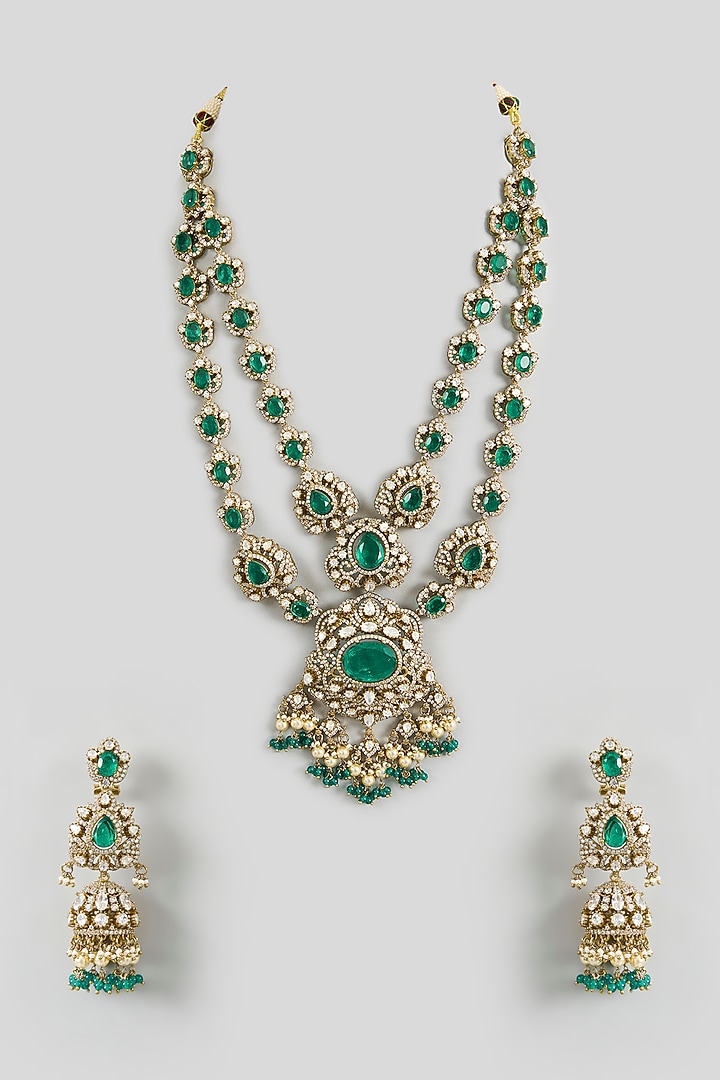 Two Tone Finish Green Stone & Pearl Long Layered Necklace Set by Zevar By Geeta at Pernia's Pop Up Shop