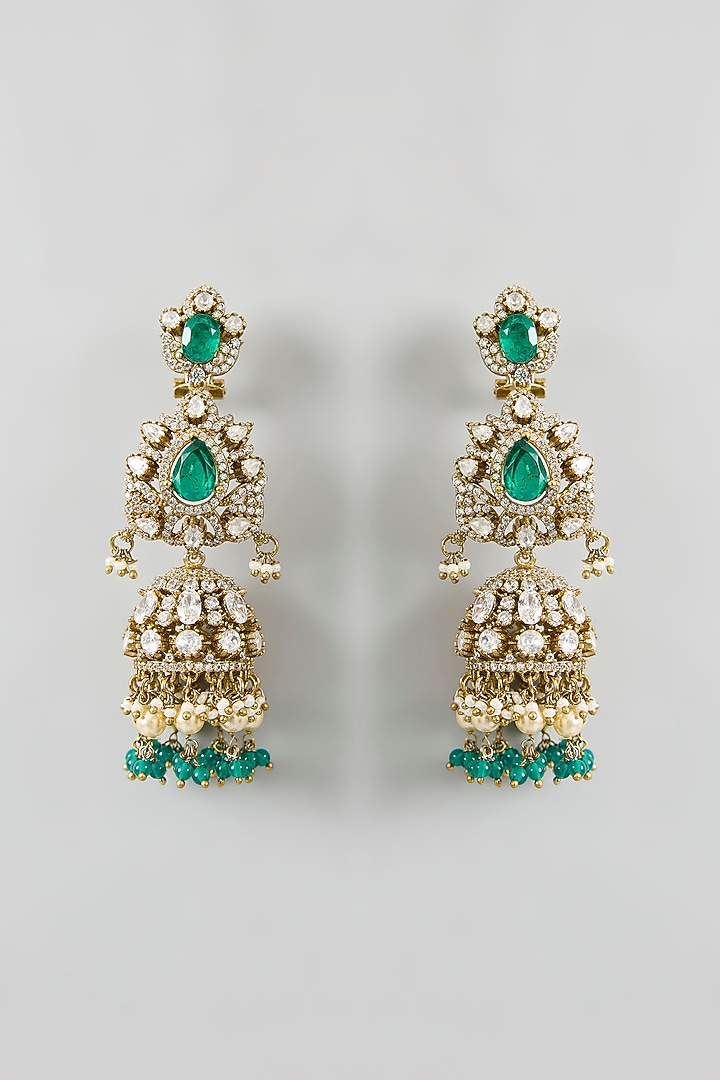 Two Tone Finish Green Stone & Pearl Long Layered Necklace Set by Zevar By Geeta at Pernia's Pop Up Shop