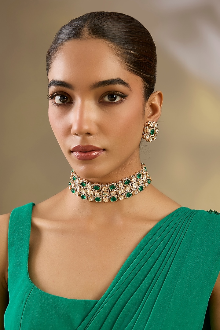 Gold Finish Kundan Polki & Green Stone Choker Necklace Set by Zevar By Geeta at Pernia's Pop Up Shop