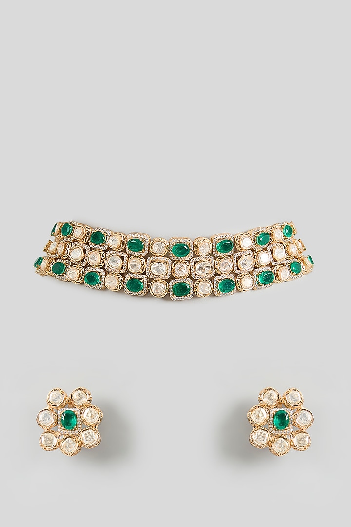 Gold Finish Kundan Polki & Green Stone Choker Necklace Set by Zevar By Geeta at Pernia's Pop Up Shop