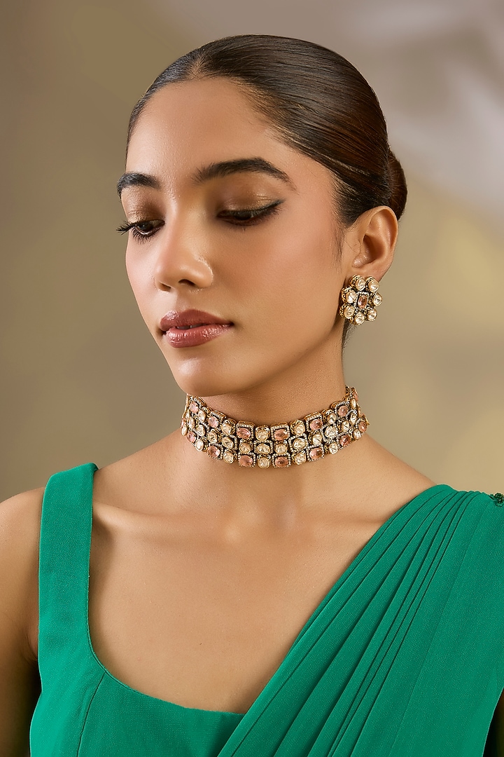 Gold Finish Kundan Polki & Pink Stone Choker Necklace Set by Zevar By Geeta at Pernia's Pop Up Shop