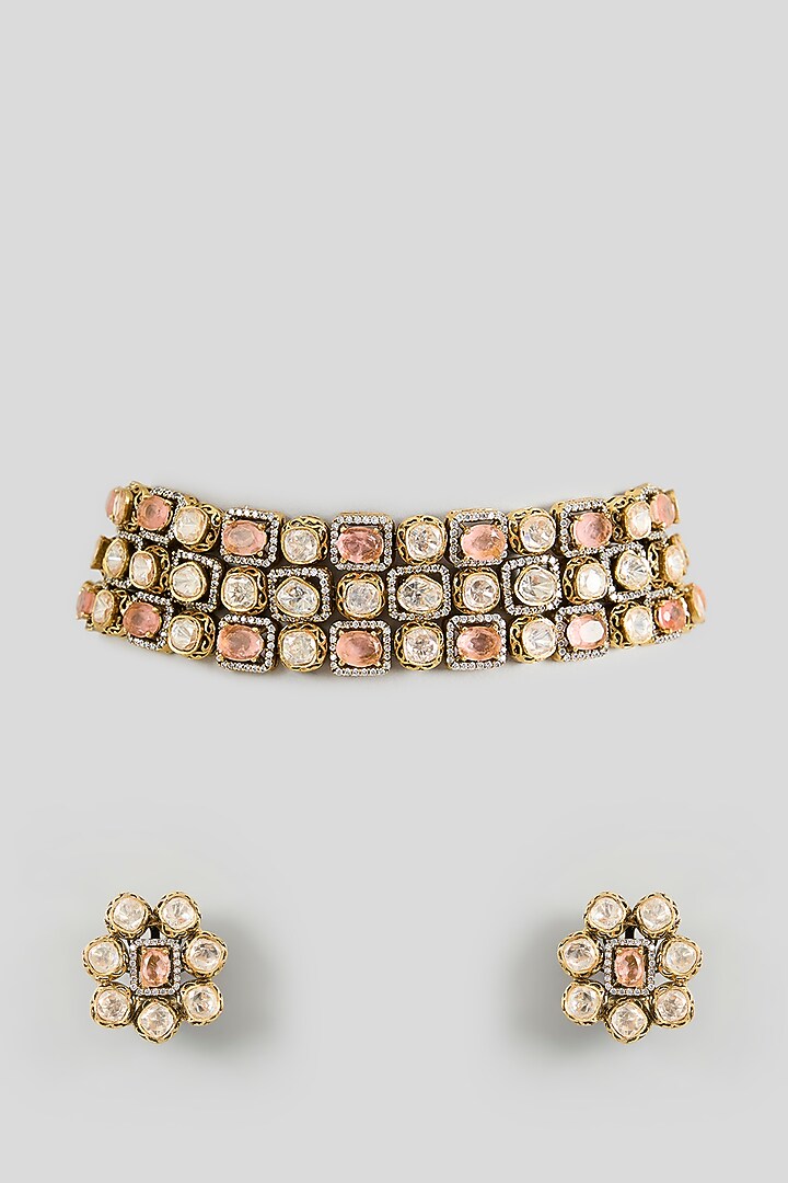 Gold Finish Kundan Polki & Pink Stone Choker Necklace Set by Zevar By Geeta at Pernia's Pop Up Shop