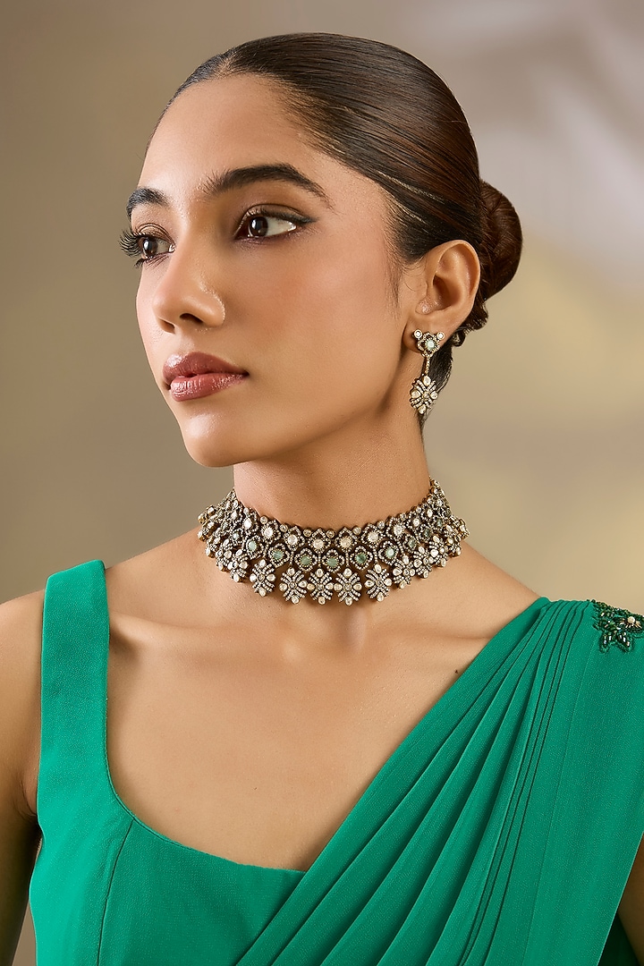 Two Tone Finish Uncut Kundan Polki & Green Stone Choker Necklace Set by Zevar By Geeta at Pernia's Pop Up Shop