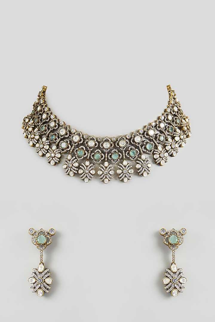 Two Tone Finish Uncut Kundan Polki & Green Stone Choker Necklace Set by Zevar By Geeta at Pernia's Pop Up Shop