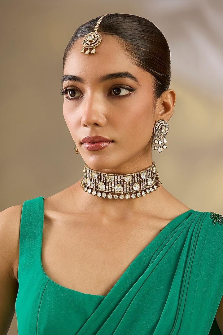Two Tone Finish Kundan Polki & White Stone Choker Necklace Set by Zevar By Geeta at Pernia's Pop Up Shop