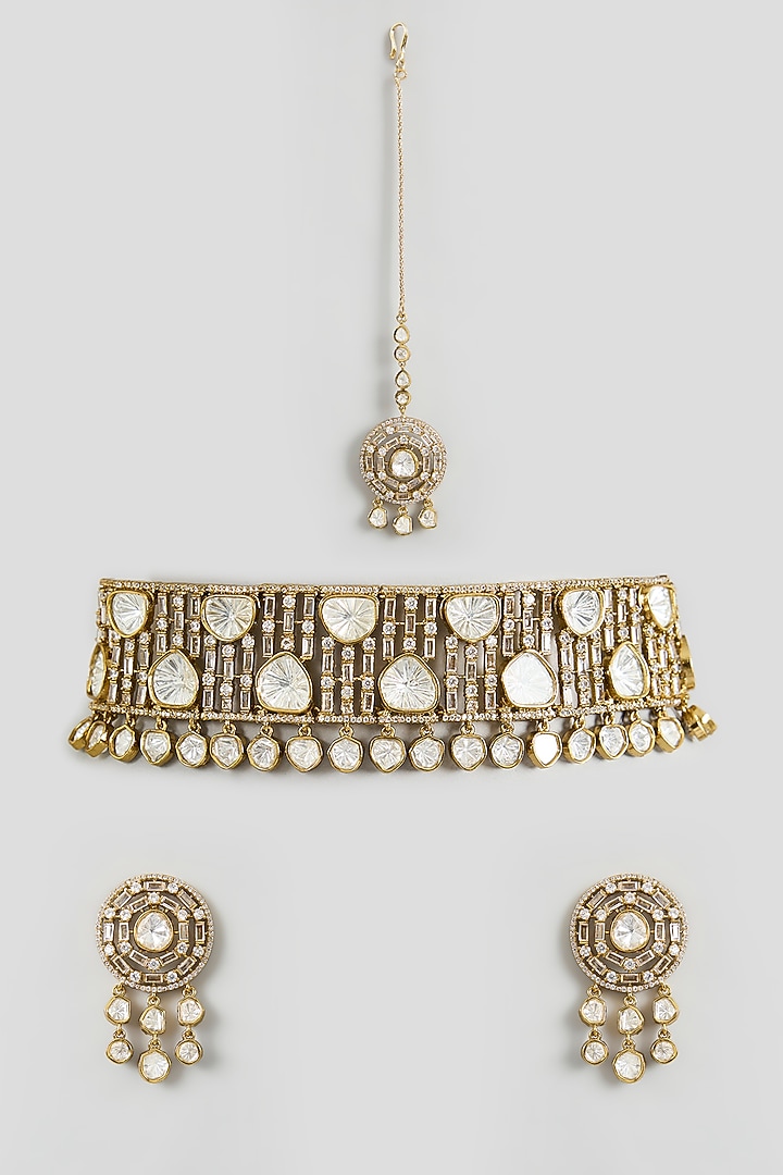 Two Tone Finish Kundan Polki & White Stone Choker Necklace Set by Zevar By Geeta at Pernia's Pop Up Shop