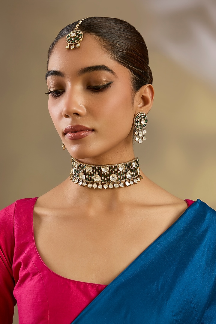 Two Tone Finish Kundan Polki & Green Stone Choker Necklace Set by Zevar By Geeta at Pernia's Pop Up Shop