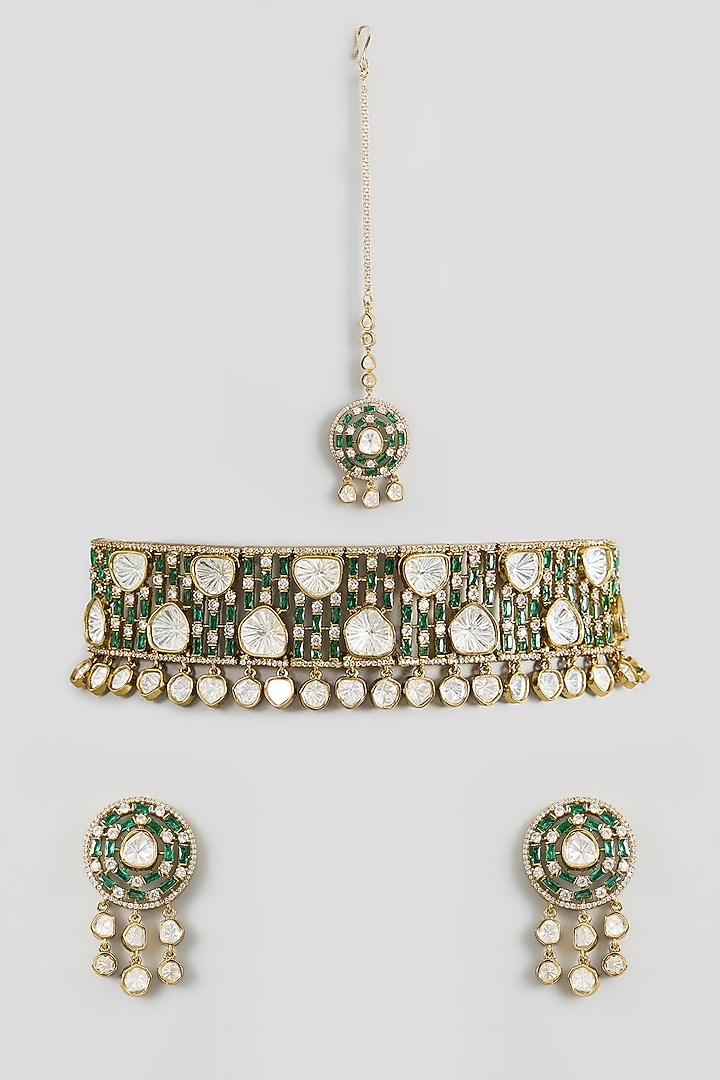 Two Tone Finish Kundan Polki & Green Stone Choker Necklace Set by Zevar By Geeta at Pernia's Pop Up Shop