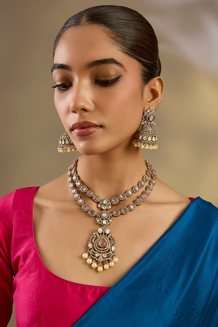 Two Tone Finish Kundan Polki & Pink Stone Long Layered Necklace Set by Zevar By Geeta at Pernia's Pop Up Shop