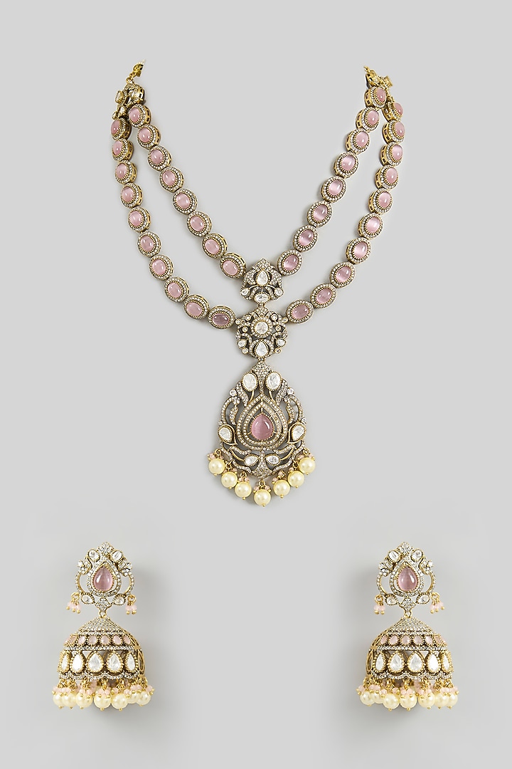 Two Tone Finish Kundan Polki & Pink Stone Long Layered Necklace Set by Zevar By Geeta at Pernia's Pop Up Shop