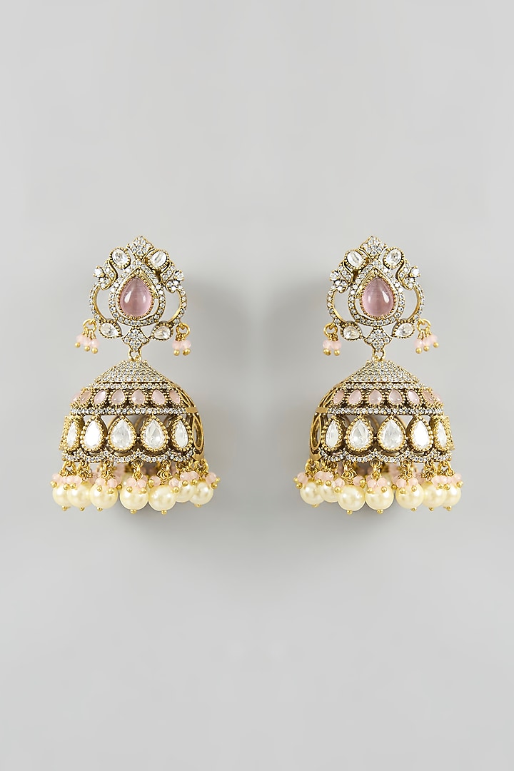 Two Tone Finish Kundan Polki & Pink Stone Long Layered Necklace Set by Zevar By Geeta at Pernia's Pop Up Shop