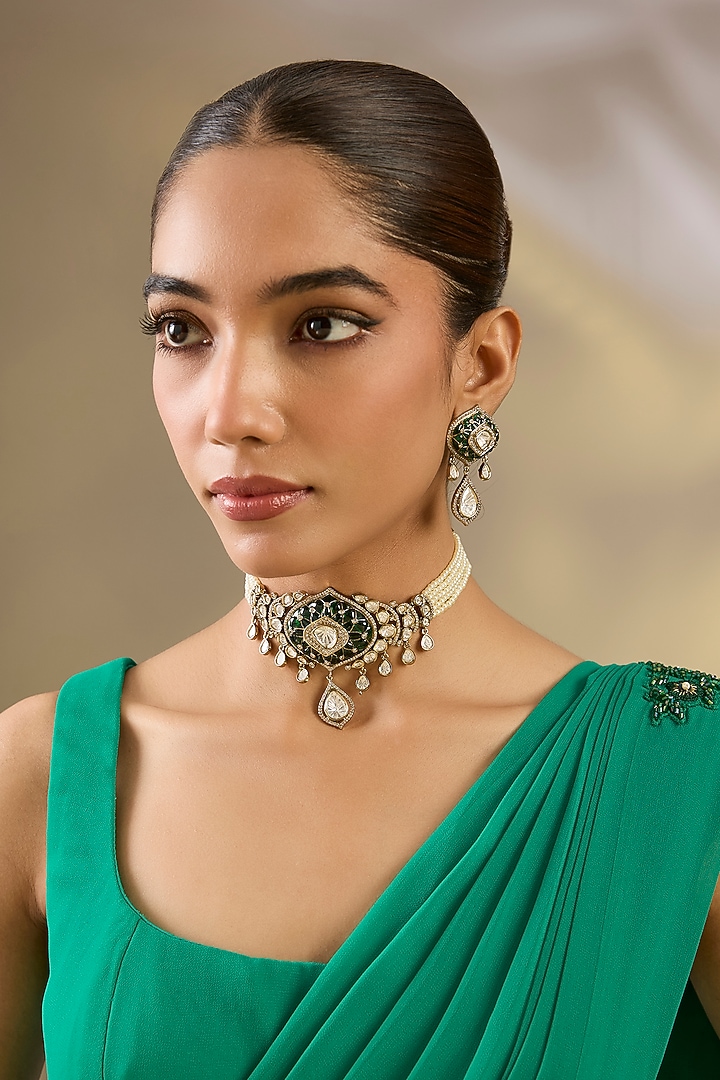 Two Tone Finish Kundan Polki & Green Stone Choker Necklace Set by Zevar By Geeta at Pernia's Pop Up Shop