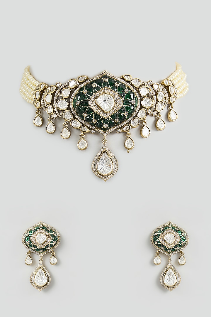 Two Tone Finish Kundan Polki & Green Stone Choker Necklace Set by Zevar By Geeta at Pernia's Pop Up Shop