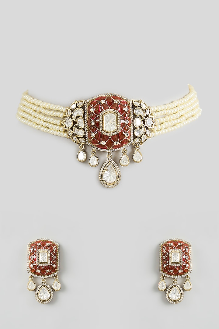 Two Tone Finish Kundan Polki & Pink Stone Choker Necklace Set by Zevar By Geeta at Pernia's Pop Up Shop