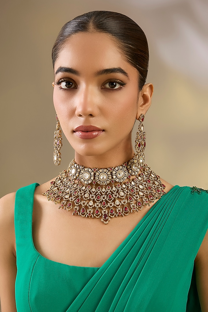 Two Tone Finish Kundan Polki & Red Stone Necklace Set by Zevar By Geeta at Pernia's Pop Up Shop