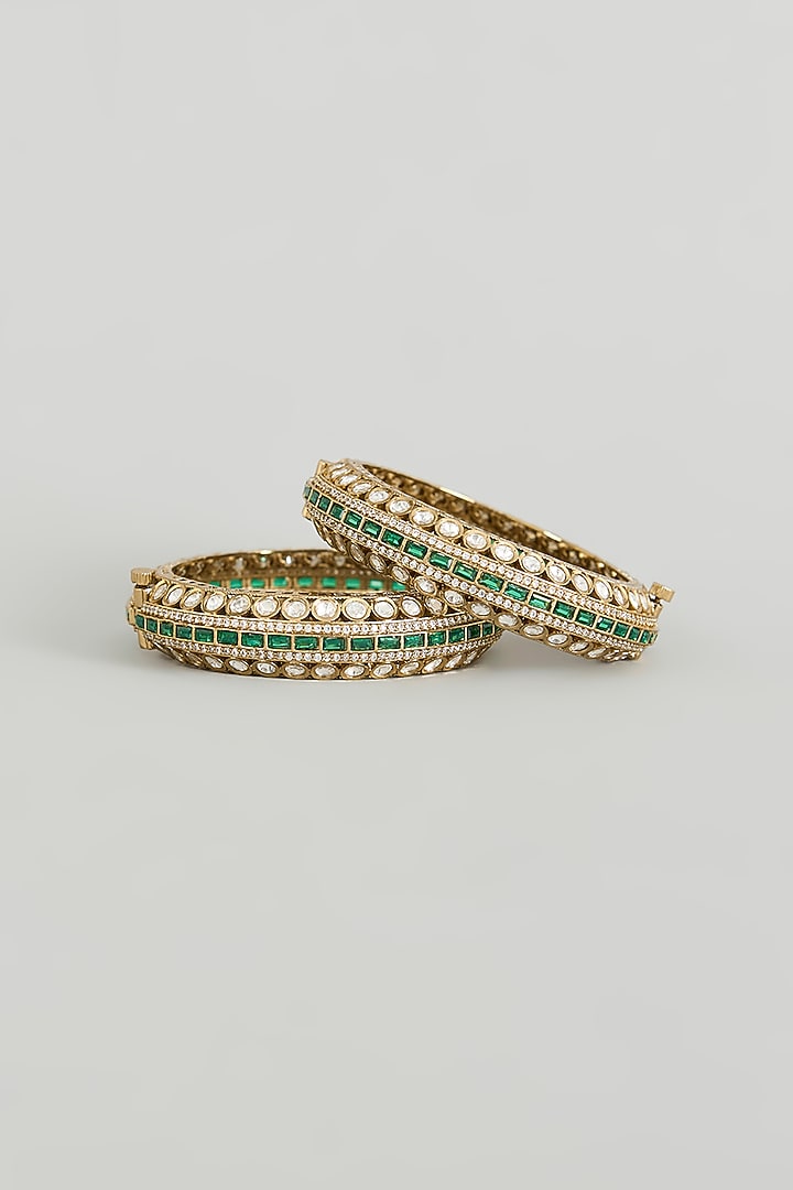 Two Tone Finish Kundan Polki & Green Stone Bangles (Set Of 2) by Zevar By Geeta at Pernia's Pop Up Shop