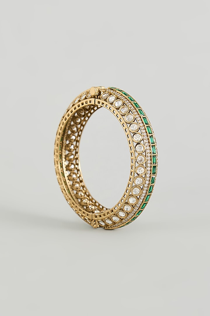 Two Tone Finish Kundan Polki & Green Stone Bangles (Set Of 2) by Zevar By Geeta at Pernia's Pop Up Shop