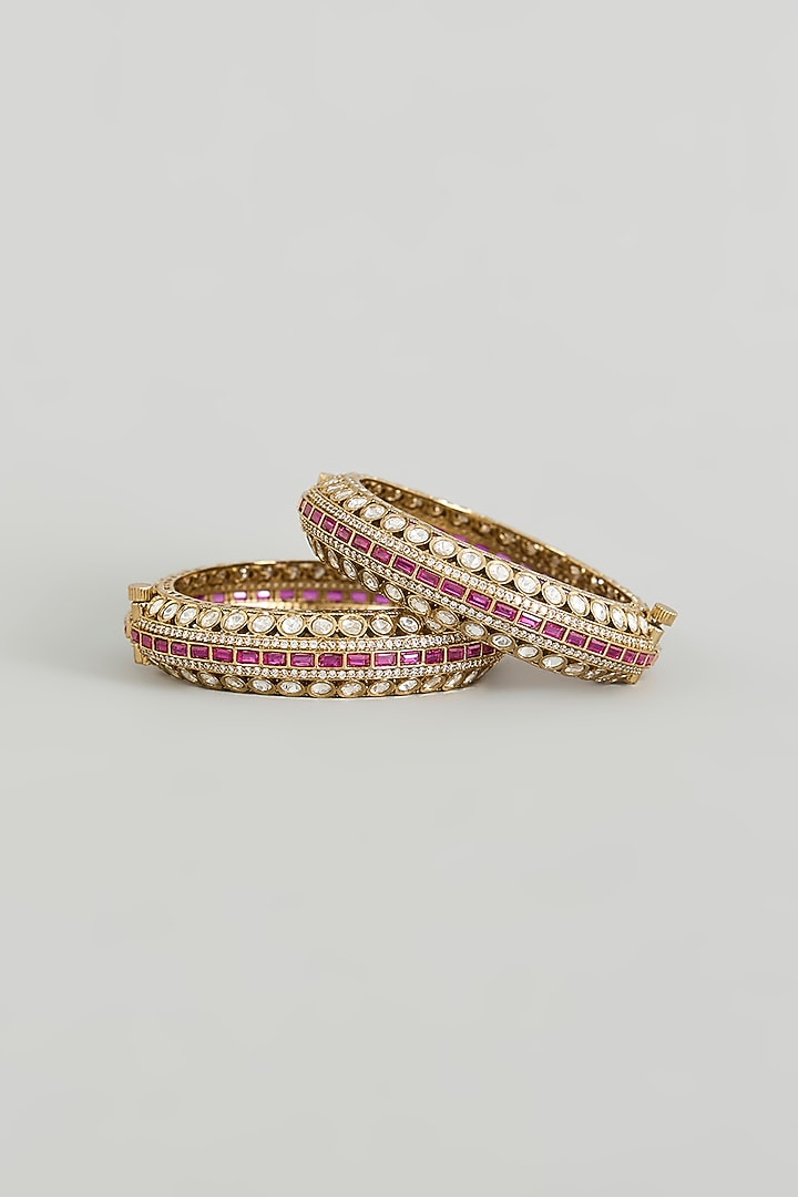 Two Tone Finish Kundan Polki & Red Stone Bangles (Set Of 2) by Zevar By Geeta at Pernia's Pop Up Shop
