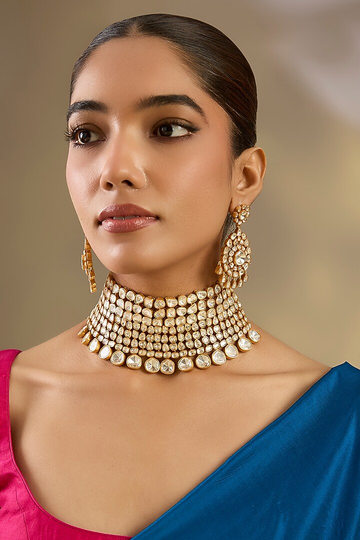 Gold Finish Moissanite Stone Choker Necklace Set by Zevar By Geeta at Pernia's Pop Up Shop
