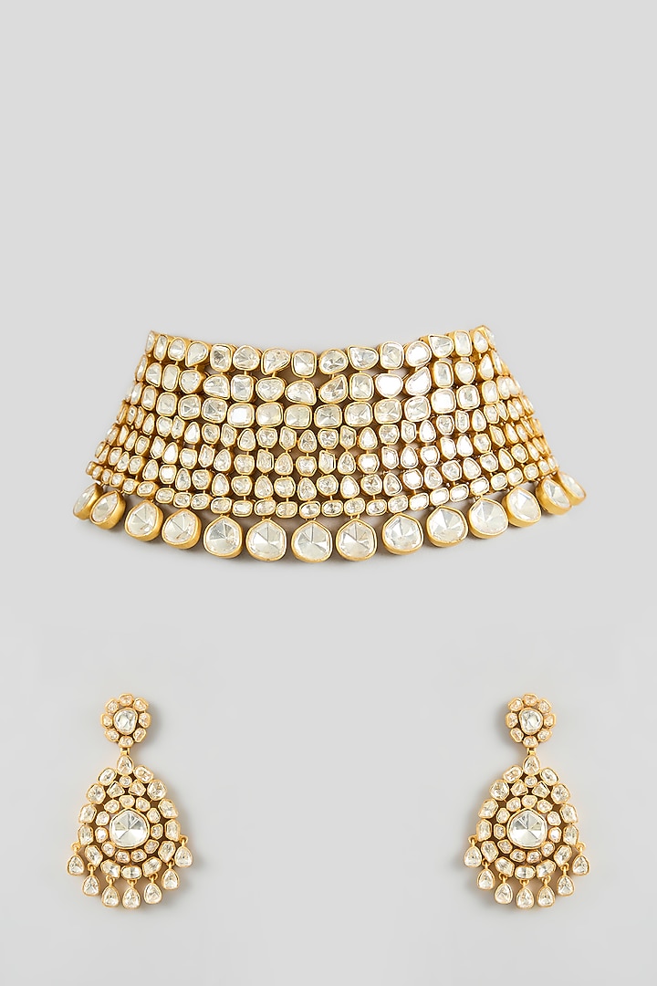 Gold Finish Moissanite Stone Choker Necklace Set by Zevar By Geeta at Pernia's Pop Up Shop