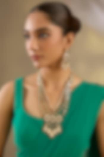 Gold Finish Moissanite Stone & Green Stone Long Necklace Set by Zevar By Geeta at Pernia's Pop Up Shop