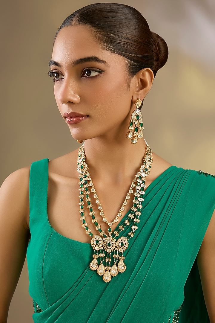 Gold Finish Moissanite Stone & Green Stone Long Necklace Set by Zevar By Geeta at Pernia's Pop Up Shop