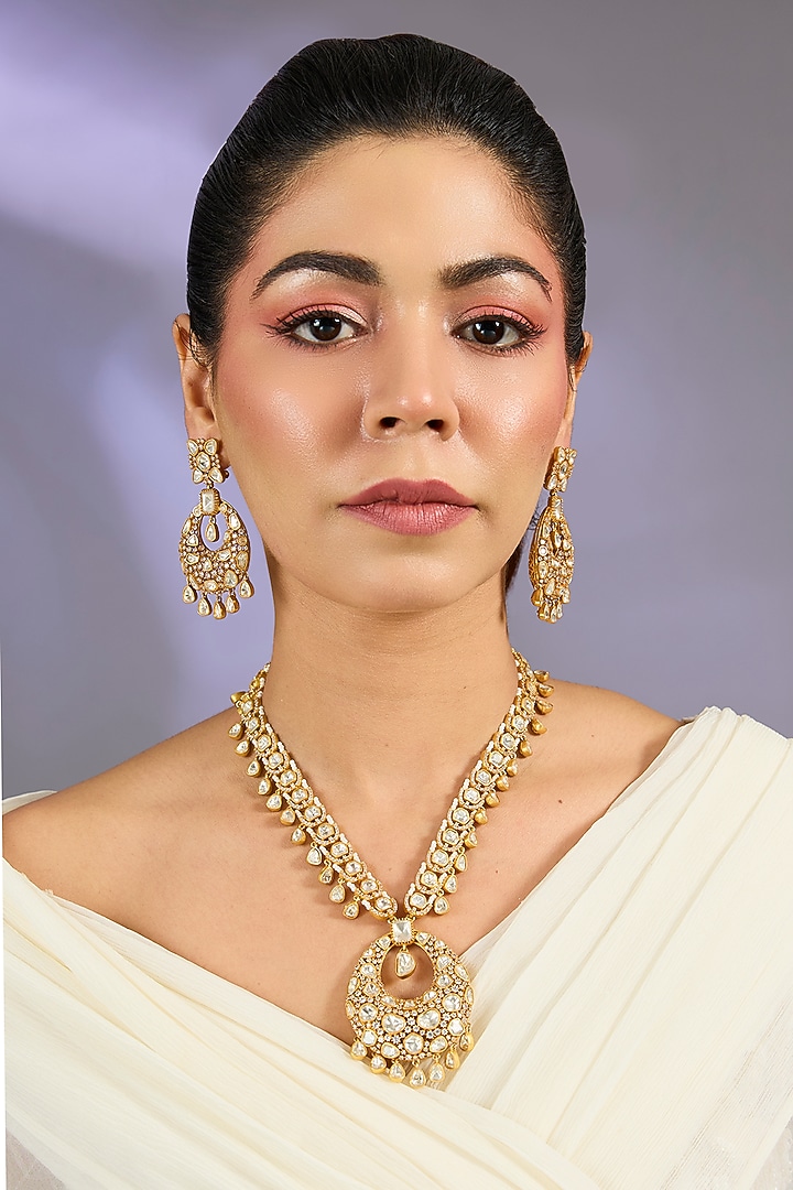Gold Finish Moissanite Stone Long Necklace Set by Zevar By Geeta at Pernia's Pop Up Shop