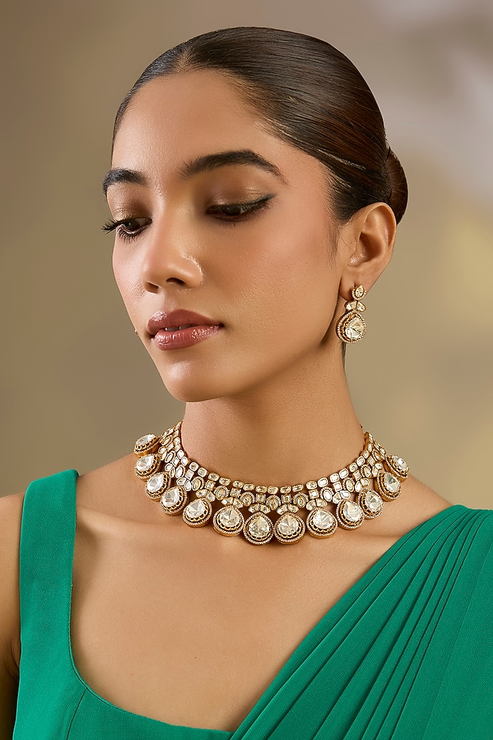 Gold Finish Moissanite Stone Necklace Set by Zevar By Geeta at Pernia's Pop Up Shop