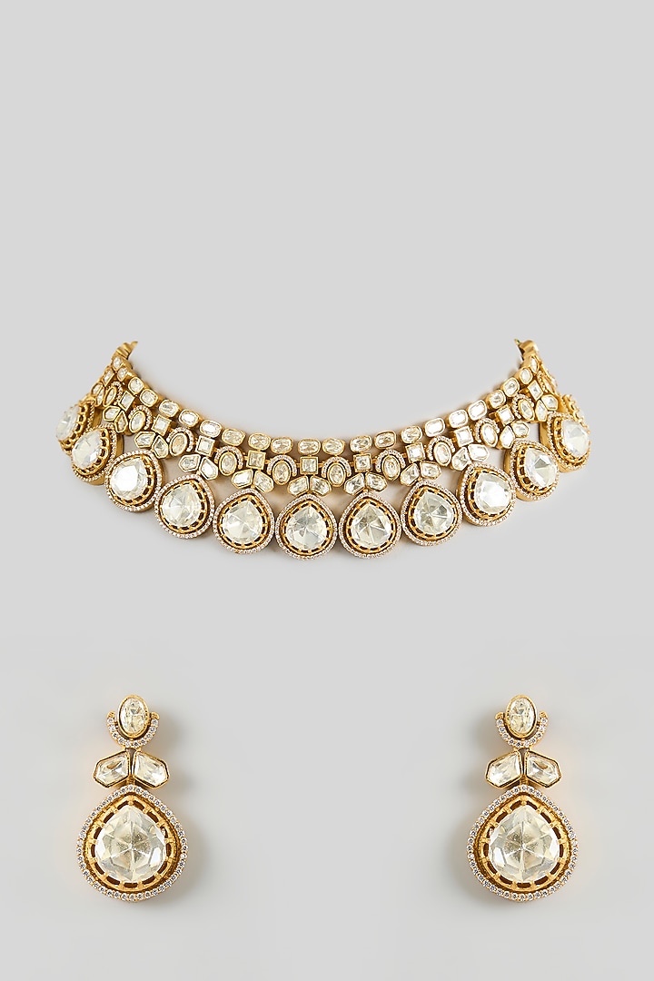 Gold Finish Moissanite Stone Necklace Set by Zevar By Geeta at Pernia's Pop Up Shop