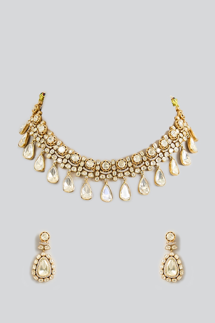 Gold Finish Moissanite Stone Necklace Set by Zevar By Geeta at Pernia's Pop Up Shop
