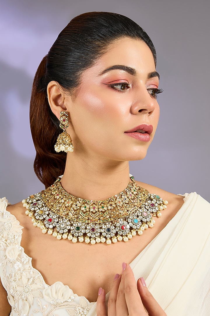 Gold Finish Multi-Colored Kundan Polki Jadau Necklace Set by Zevar By Geeta at Pernia's Pop Up Shop