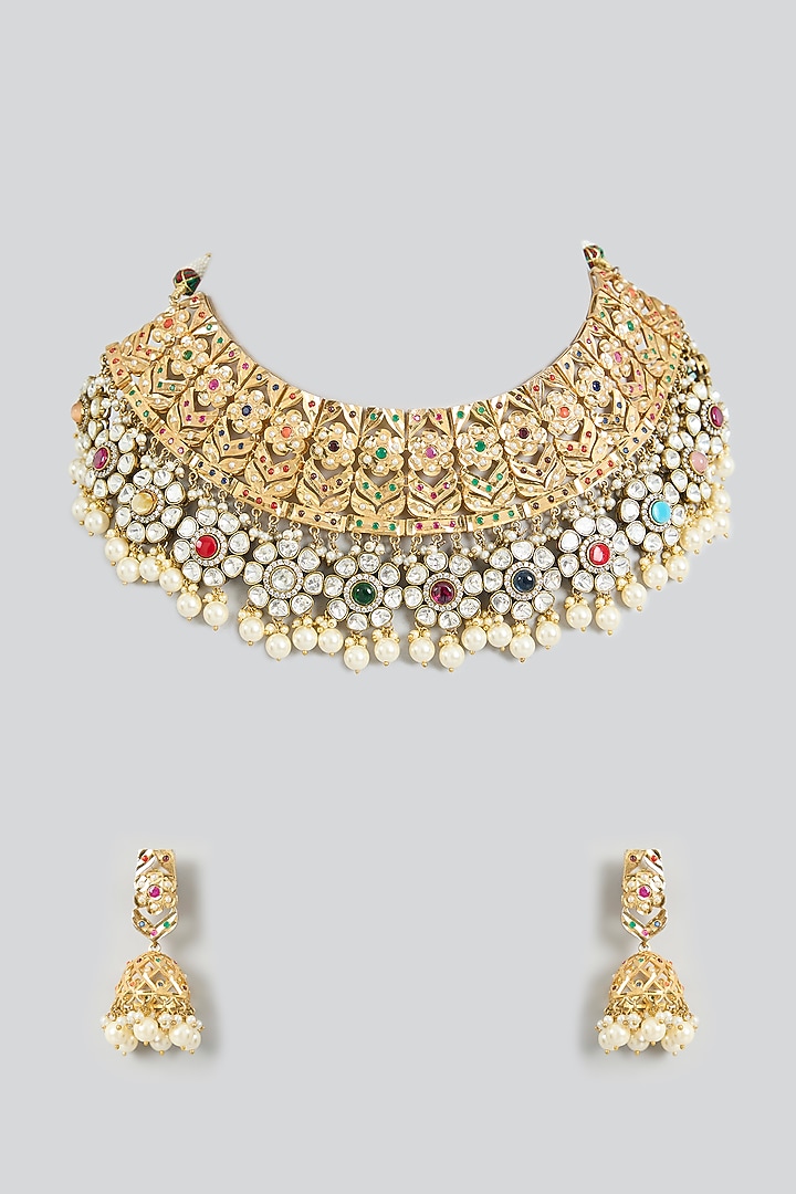 Gold Finish Multi-Colored Kundan Polki Jadau Necklace Set by Zevar By Geeta at Pernia's Pop Up Shop