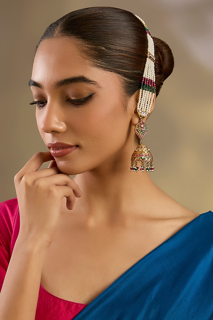 Gold Finish Multi-Colored Jadau Stone Dangler Earrings by Zevar By Geeta at Pernia's Pop Up Shop